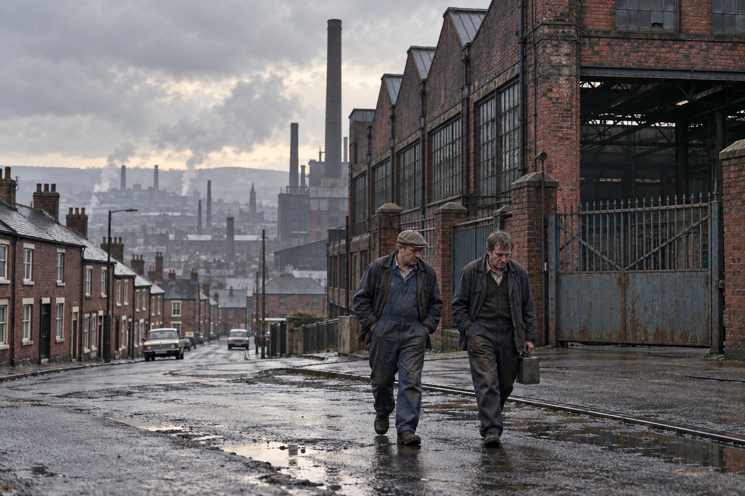 Imagined northern industrial town with workers leaving closed factory gates