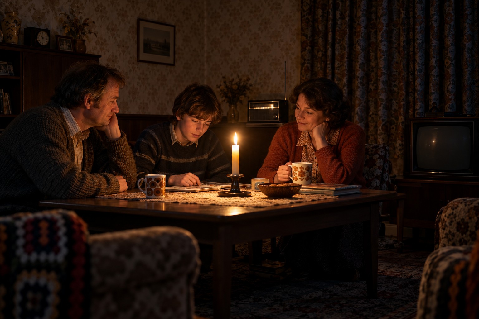 Imagined 1970s family sitting by candlelight during a power cut