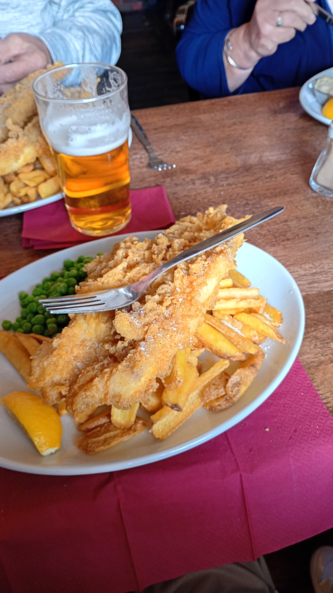 Fish, chips and peas served at the Drovers Inn